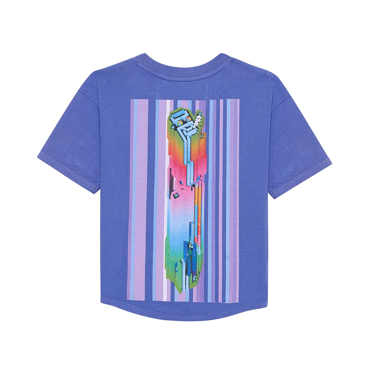 Back view of the GLIX purple crop top baby tee featuring a large, vertical 3D brutalist-inspired graphic with a rainbow gradient over purple and blue stripes.