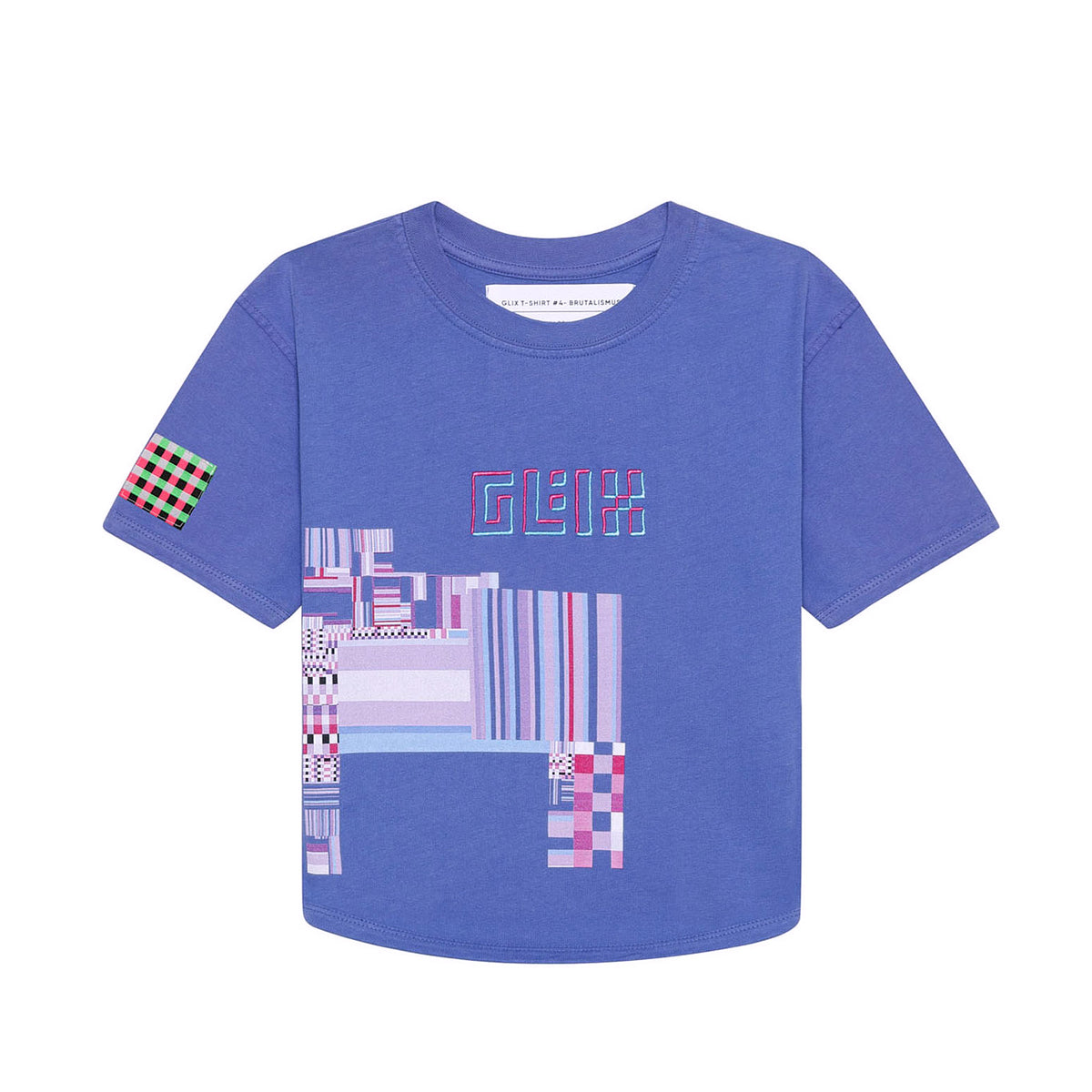 Front flat lay of the GLIX purple crop top baby tee featuring a pink and blue embroidered logo above a pixelated geometric graphic and a colorful checkered patch on the sleeve.