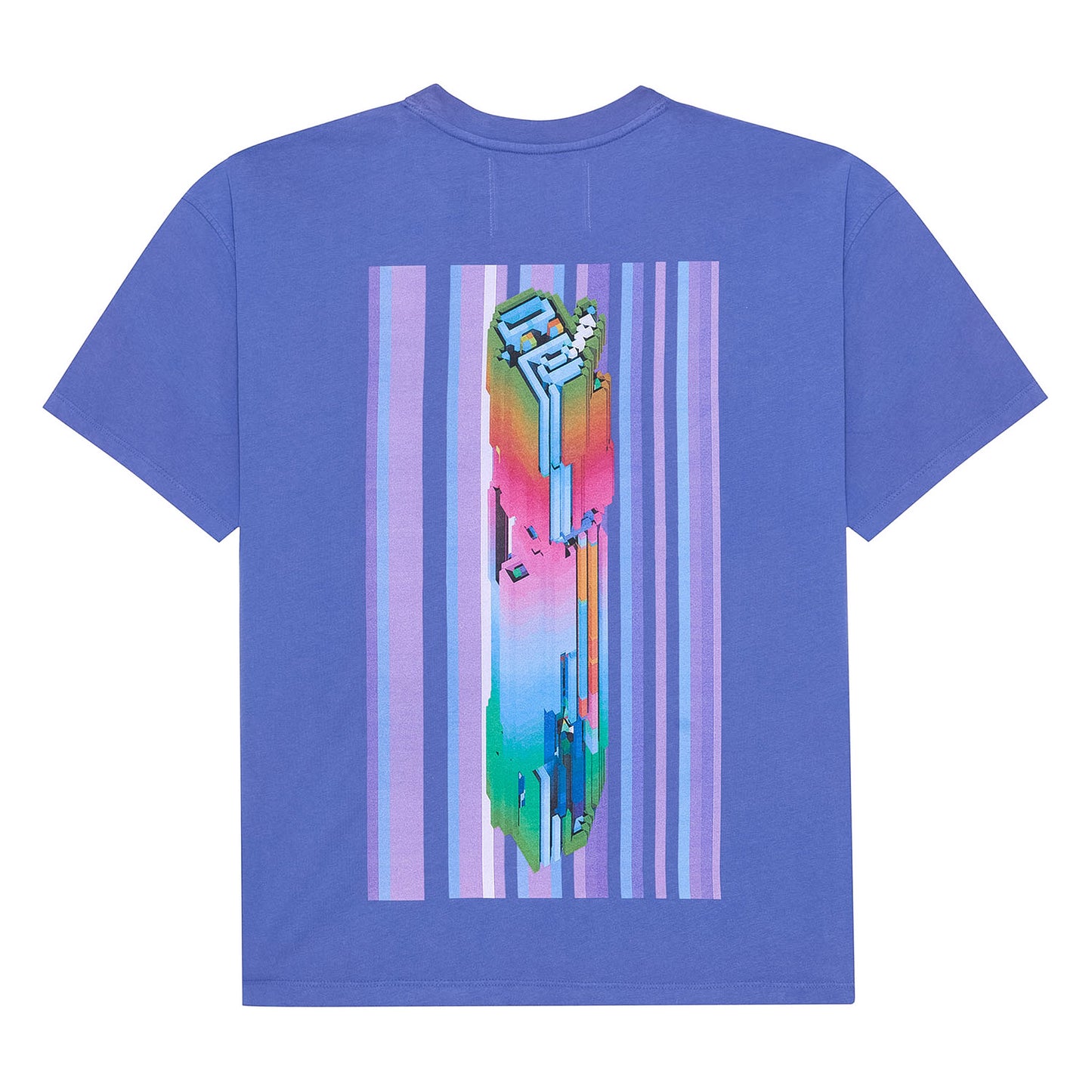 Back flat lay of the purple GLIX oversized t-shirt featuring a large vertical "Brutalismus" graphic with a 3D pixelated pillar in rainbow gradients set against a striped purple background.