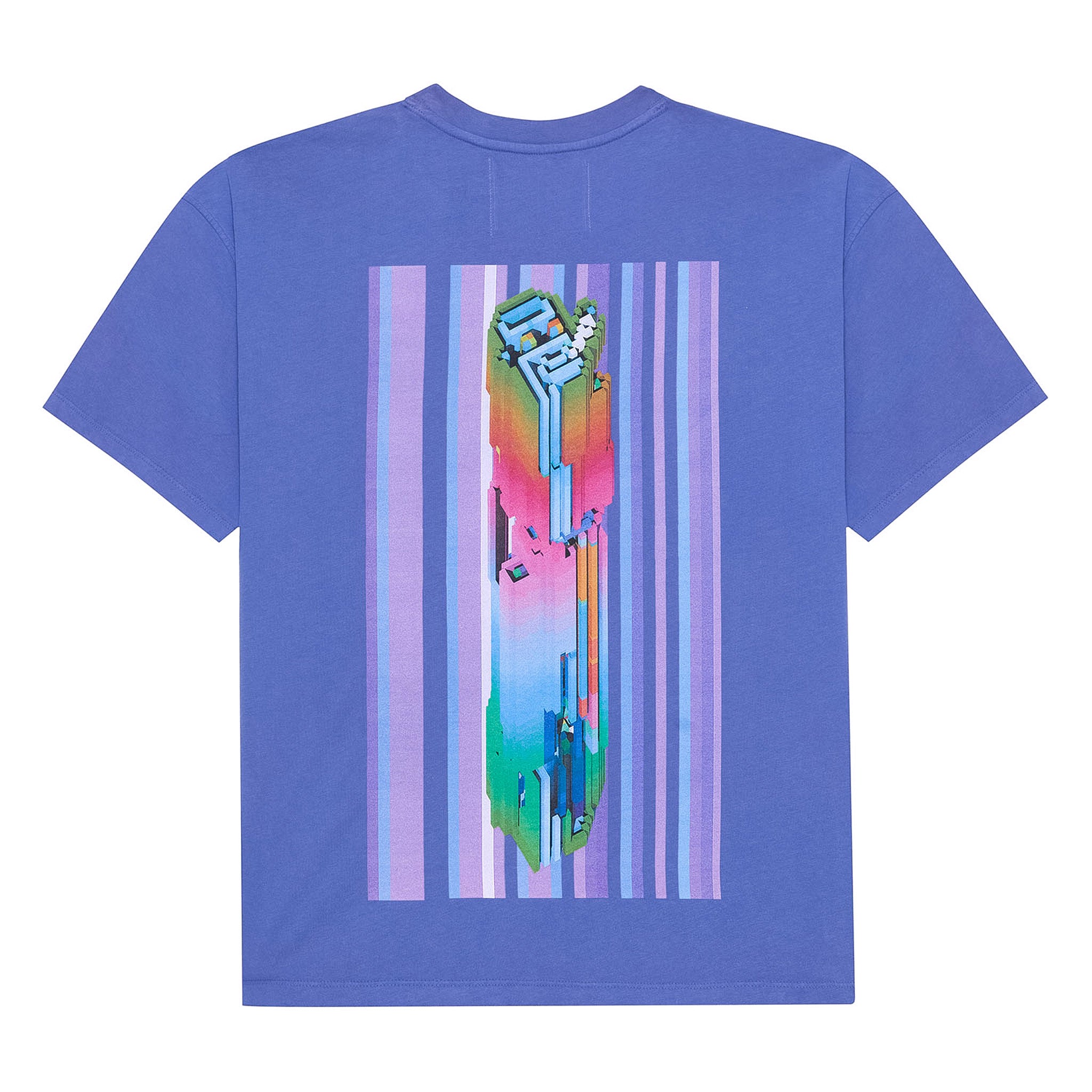 Back flat lay of the purple GLIX oversized t-shirt featuring a large vertical "Brutalismus" graphic with a 3D pixelated pillar in rainbow gradients set against a striped purple background.