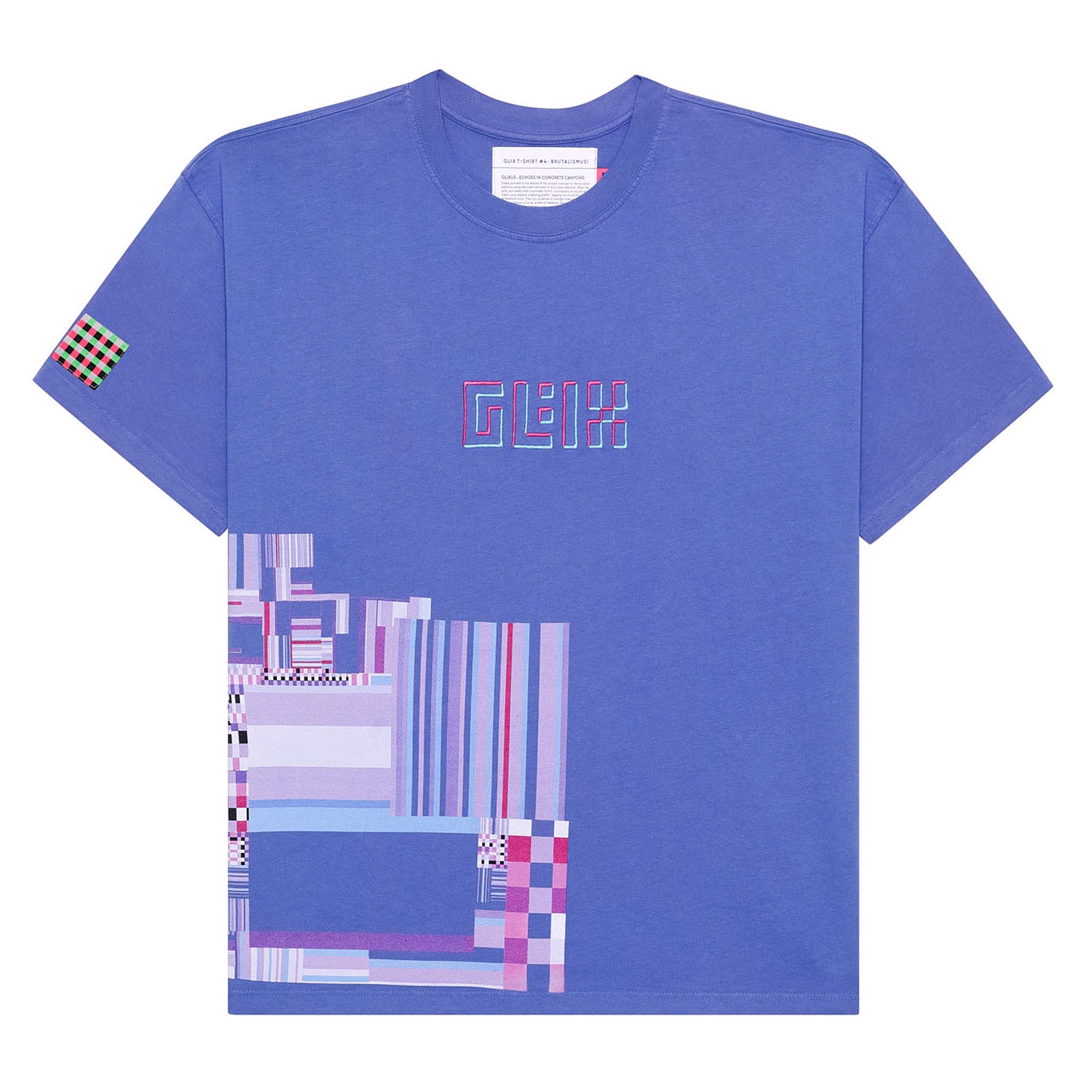 Front flat lay of the purple GLIX oversized t-shirt featuring a 3D-effect embroidered logo on the chest and a large, geometric "Brutalismus" pixel graphic on the lower right hem.