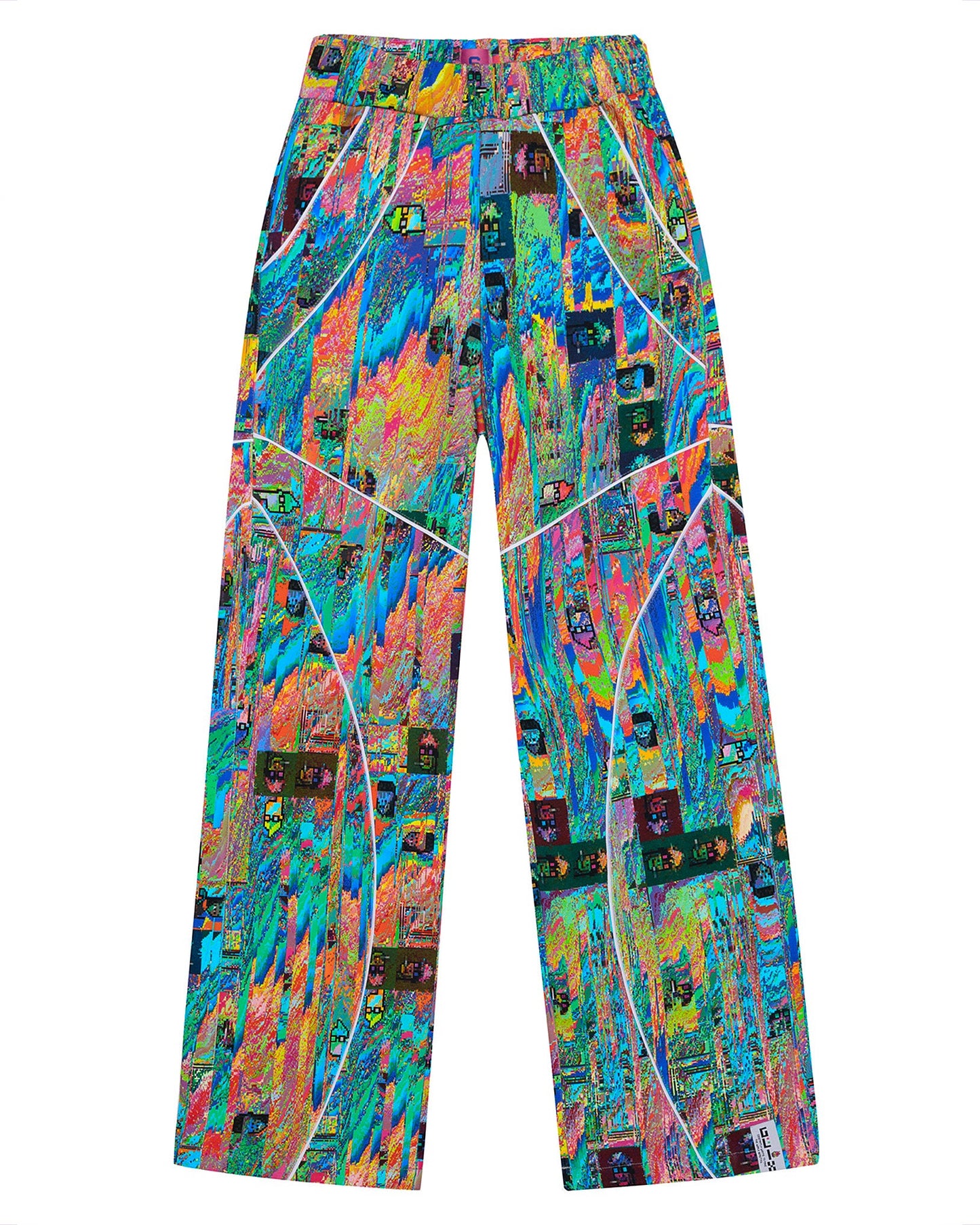 Front flat lay view of the GLIX "Mudderrrfall" oversized sweatpants, featuring a vibrant multicolor liquid digital glitch print, curved white piping accents across the legs, and a small woven brand tag at the hem.