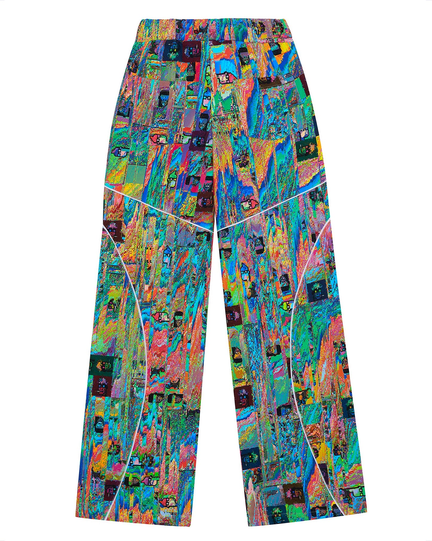 Flat lay back view of the GLIX "Mudderrrfall" oversized sweatpants, highlighting the continuation of the multicolor liquid digital glitch print, white piping accents on the legs, and a structured rear pocket.