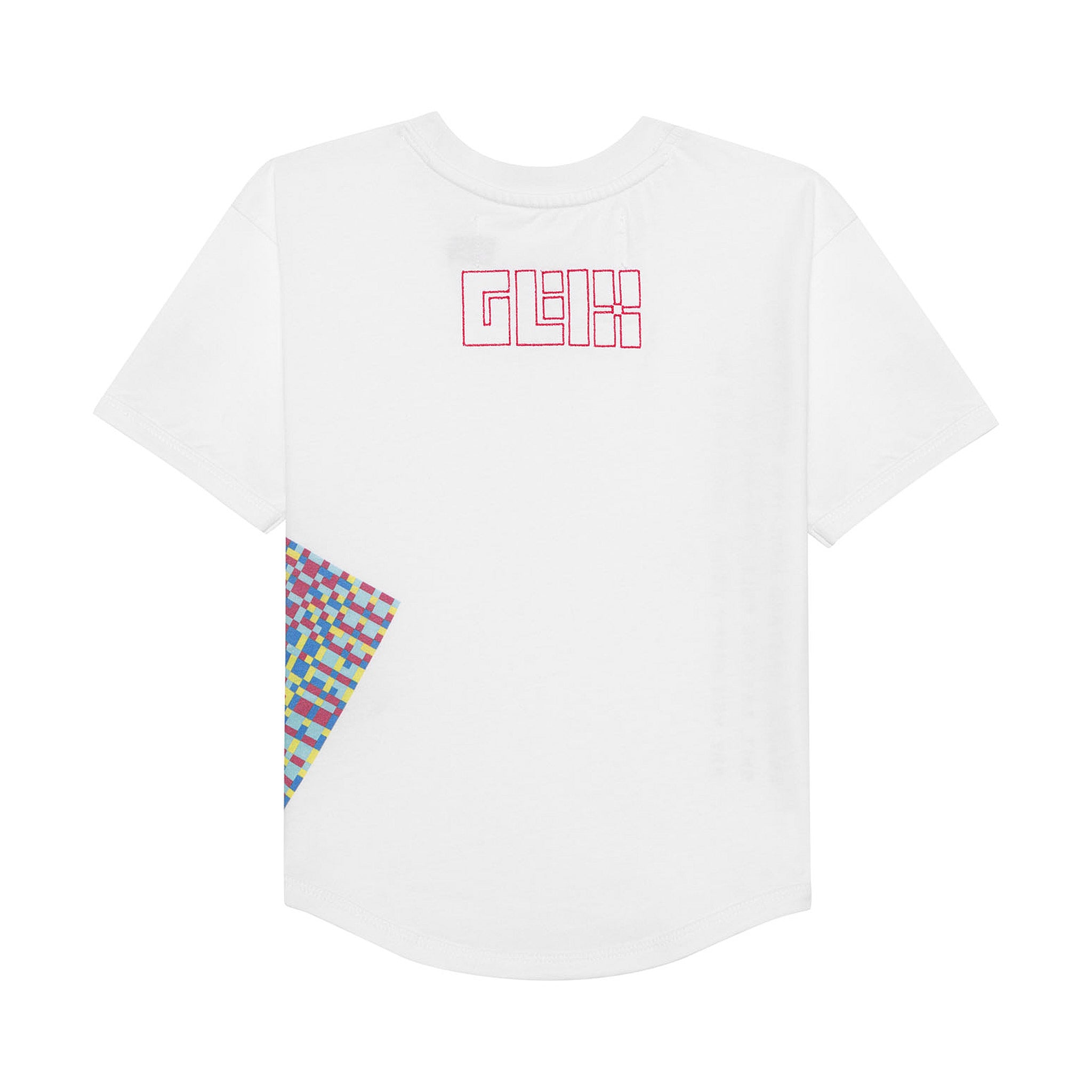Back view of the GLIX white crop top baby tee featuring a red embroidered logo on the upper back and a colorful geometric pattern print on the side hem.