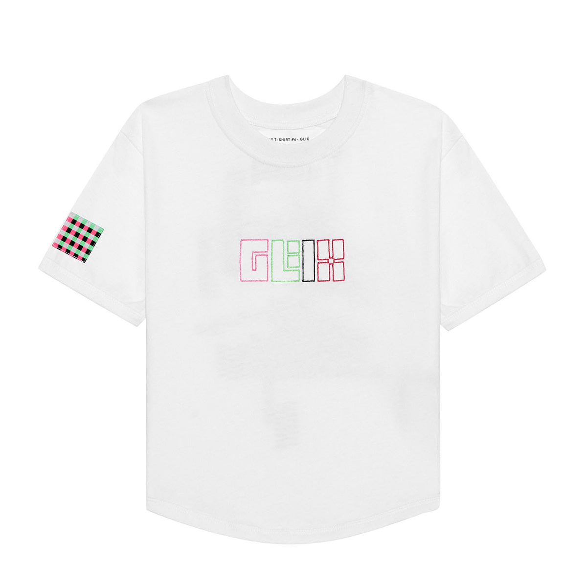 Front flat lay of the GLIX white crop top baby tee featuring a multi-colored embroidered logo on the chest and a pink and green checkered patch on the sleeve.