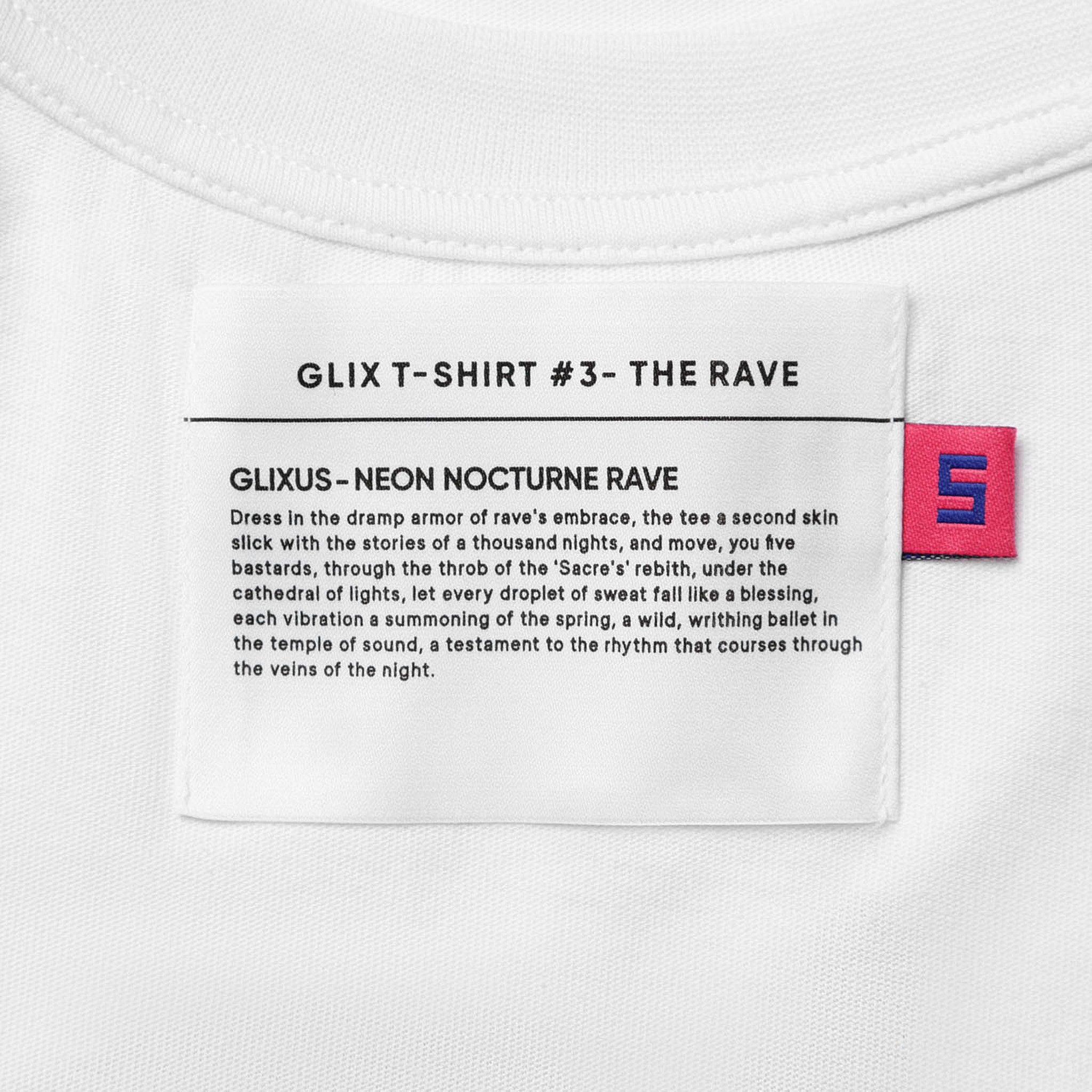Interior neck label of a GLIX white crop top baby tee for "The Rave" collection, featuring the "GLIXUS - NEON NOCTURNE RAVE" brand story text.