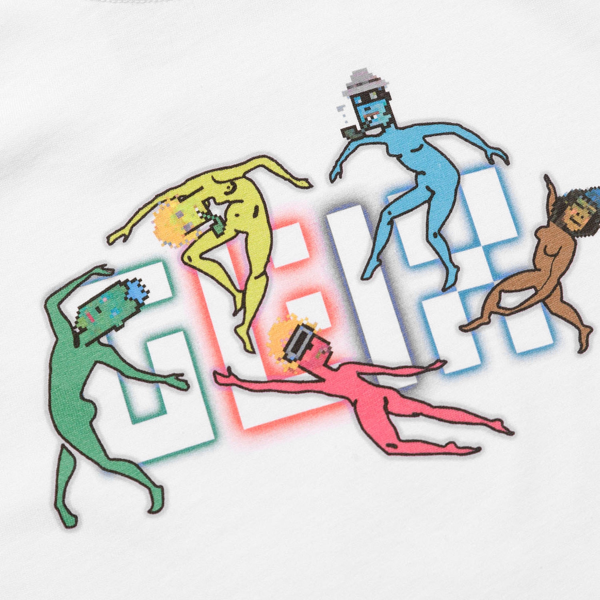 Detailed close-up of the GLIX "The Rave" graphic featuring colorful pixelated dancing figures over a large light blue and red outlined brand logo.