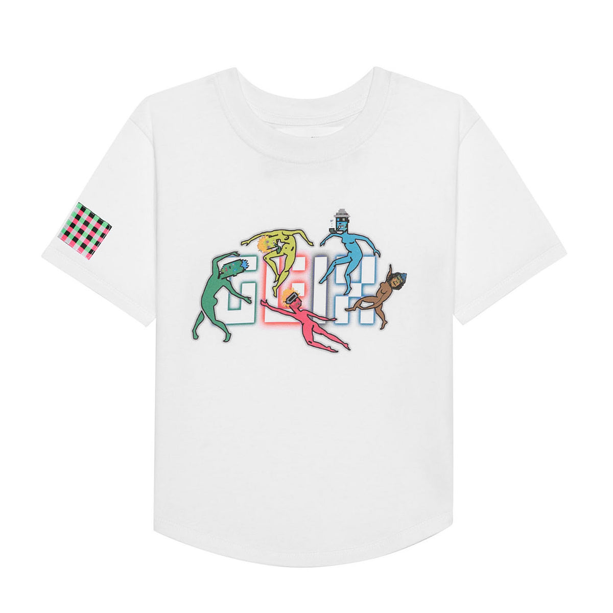 Front flat lay of the GLIX "The Rave" white crop top baby tee featuring a colorful pixelated dancing figure graphic over a light blue logo and a checkered patch on the sleeve.