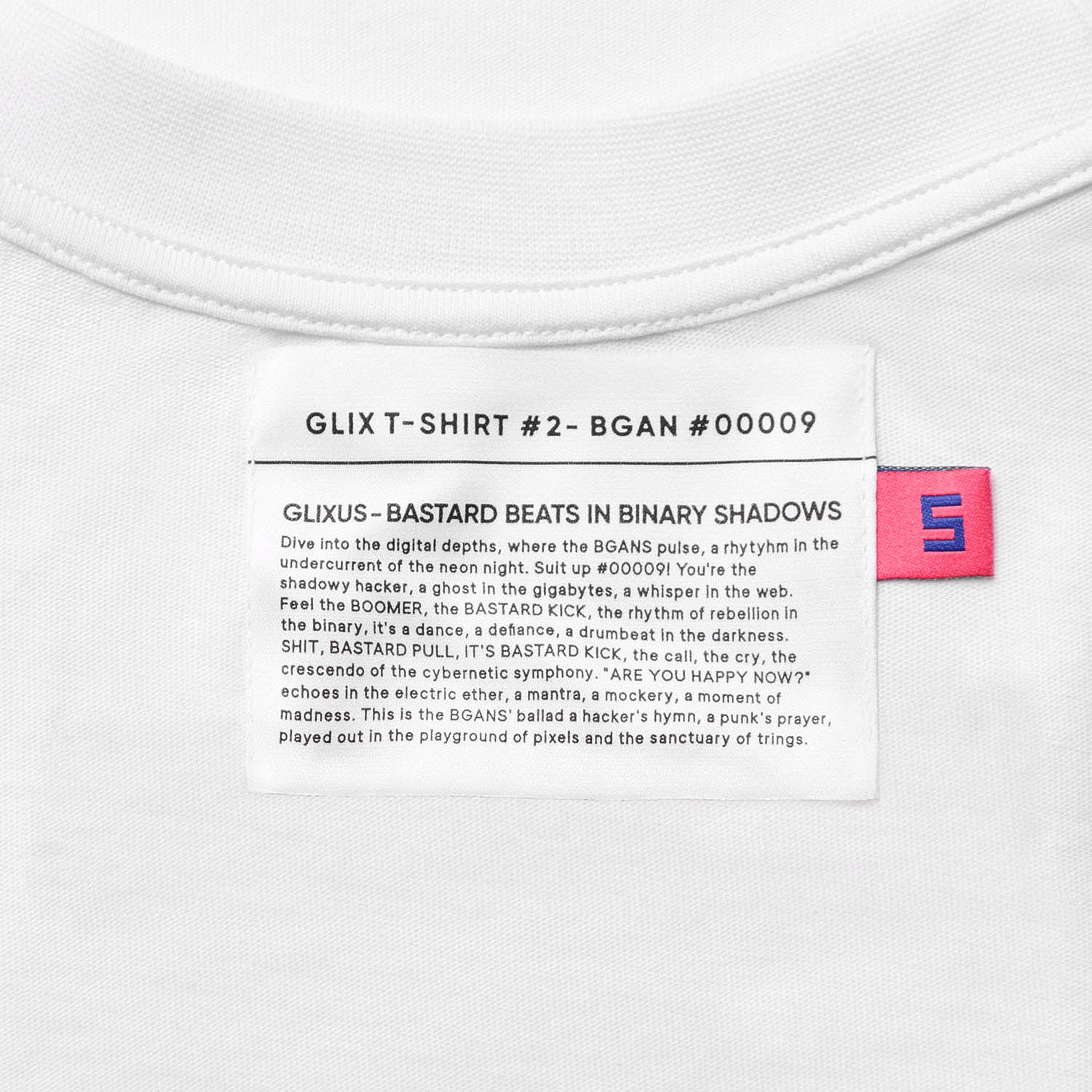 Close-up of the interior neck label for GLIX T-SHIRT #2 - BGAN #00009, featuring the "GLIXUS - BASTARD BEATS IN BINARY SHADOWS" brand manifesto.