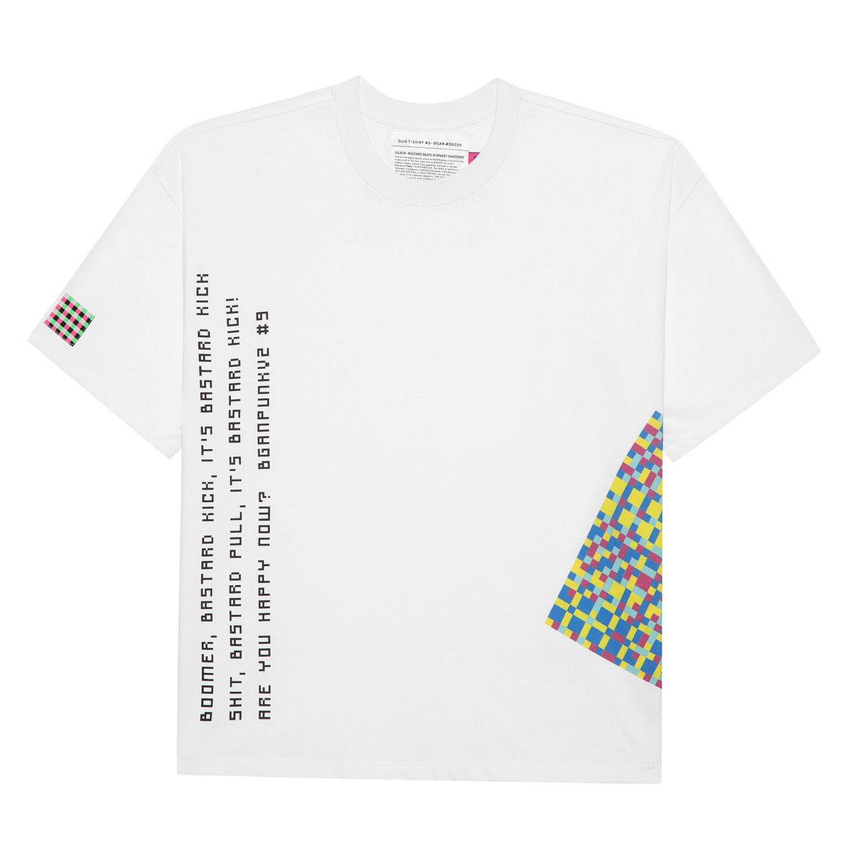 Front flat lay of the white GLIX oversized t-shirt featuring vertical black text graphics on the right side and a large colorful pixelated triangle graphic on the left hem.