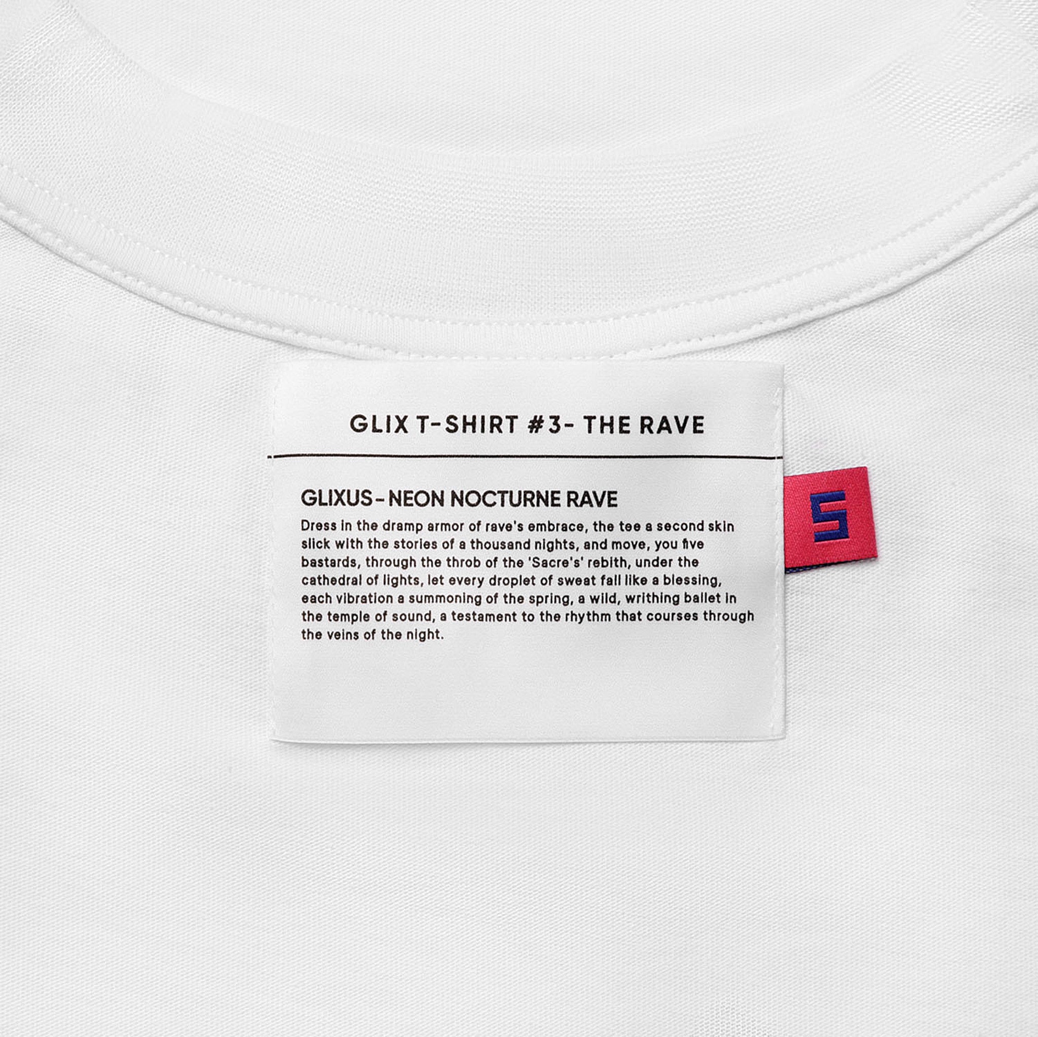 Close-up of the interior neck label for GLIX T-SHIRT #3 - THE RAVE, featuring the "GLIXUS - NEON NOCTURNE RAVE" brand manifesto