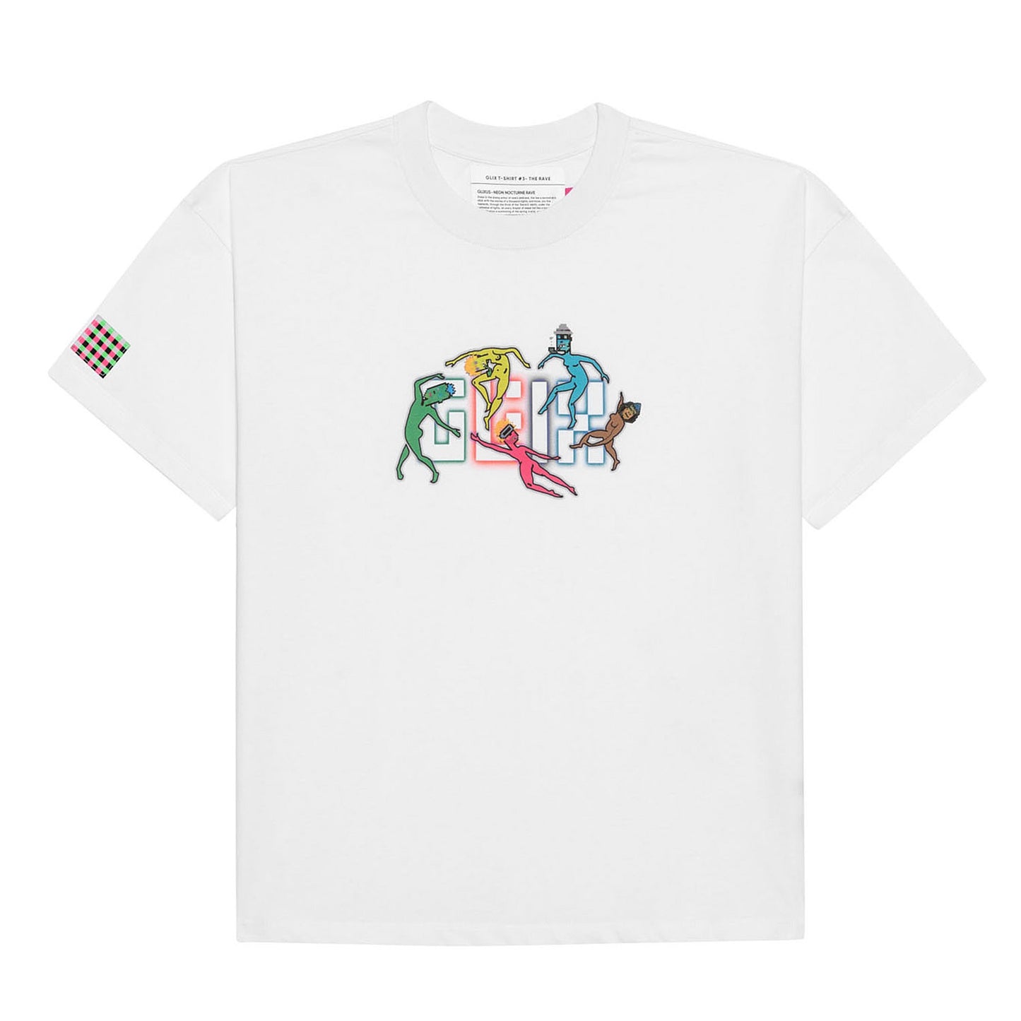 Front flat lay of the white GLIX oversized t-shirt featuring the "Rave" graphic with five colorful dancing figures in green, yellow, pink, blue, and brown over a white outlined logo.