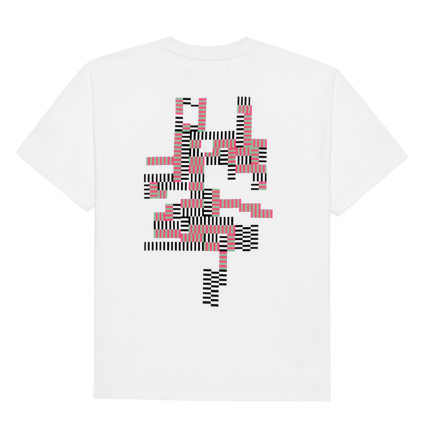 Back view of the GLIX white oversize t-shirt featuring a large, abstract geometric graphic composed of pink, green, and black striped blocks.