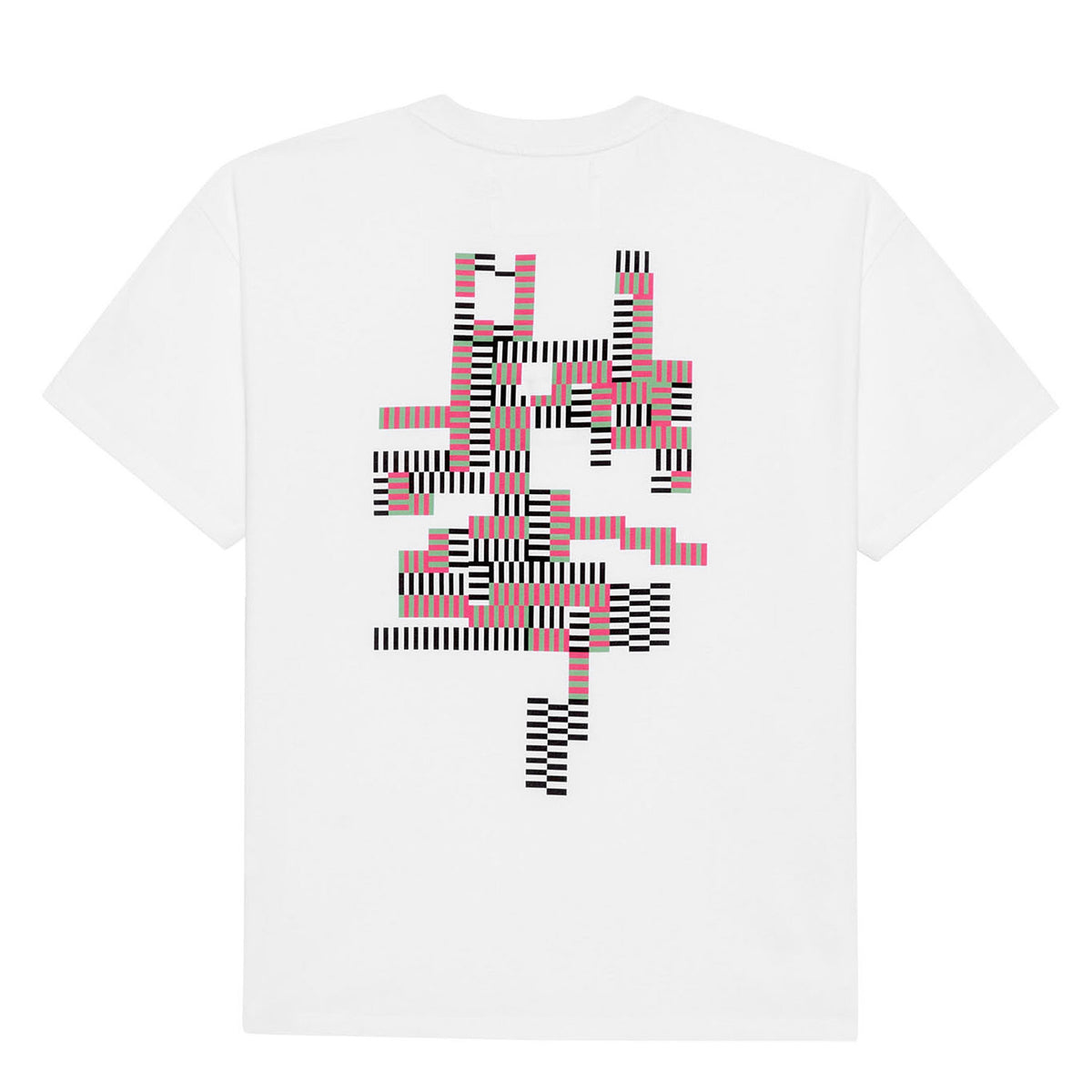 Back view of the GLIX white oversize t-shirt featuring a large, abstract geometric graphic composed of pink, green, and black striped blocks.