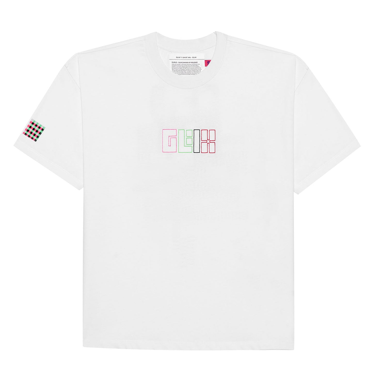 Front flat lay view of the white GLIX oversize t-shirt featuring a multi-colored embroidered logo and checkered sleeve patch.