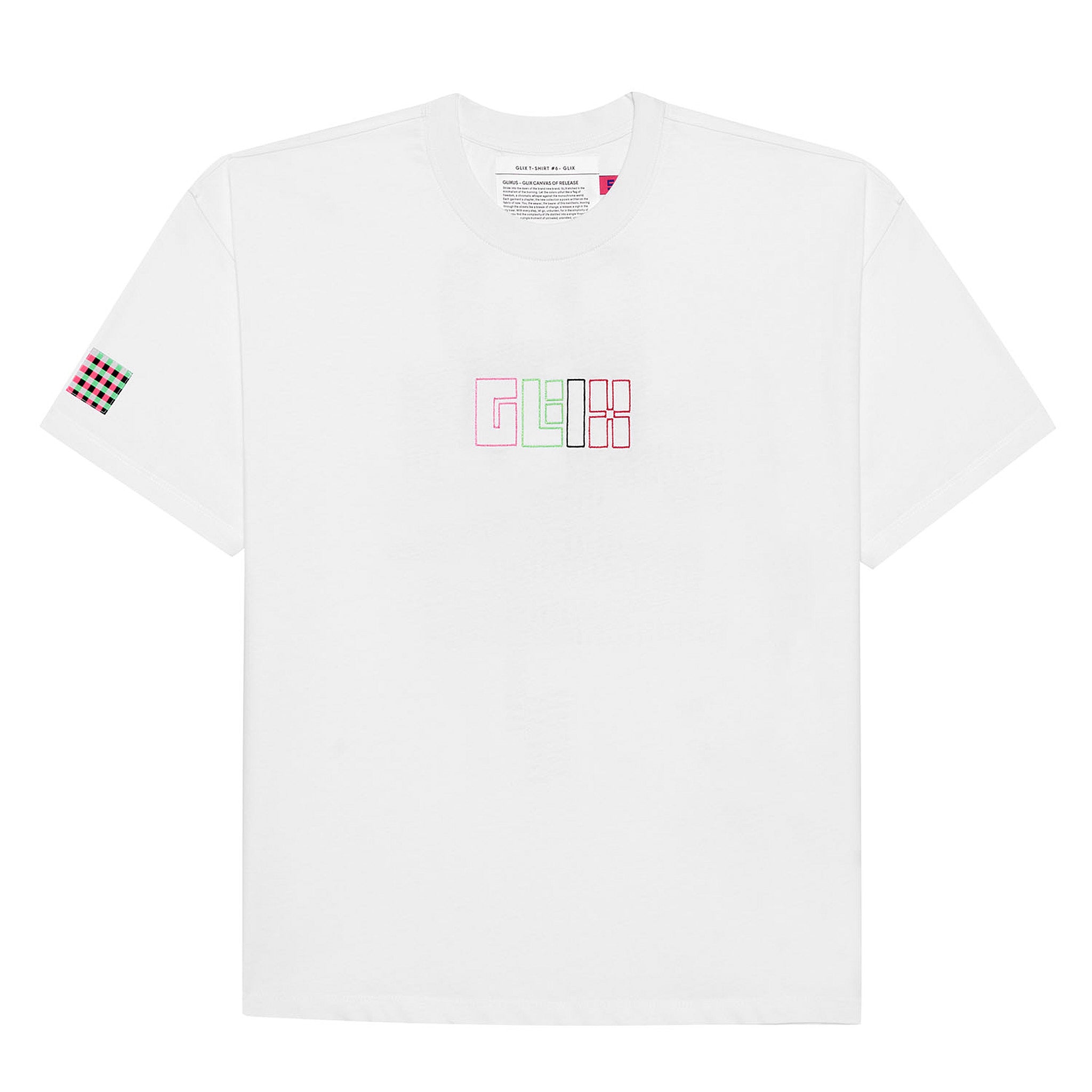 Front flat lay view of the white GLIX oversize t-shirt featuring a multi-colored embroidered logo and checkered sleeve patch.